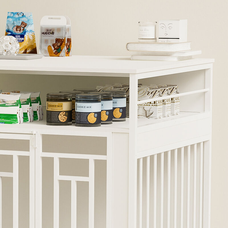 Wooden Dog Cage Furniture for Large Dogs with Divider, Double Doors, and Storage Shelf