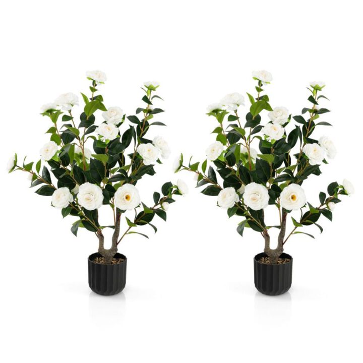 Hivvago 38 Inch Artificial Camellia Tree Faux Flower Plant in Cement Pot 2 Pack