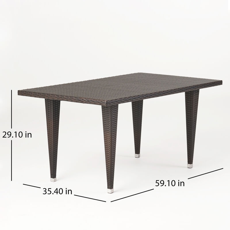 Miny Outdoor Rectangle Dining Table, 59 Inch Iron, Brown Wicker Rattan - Benzara
