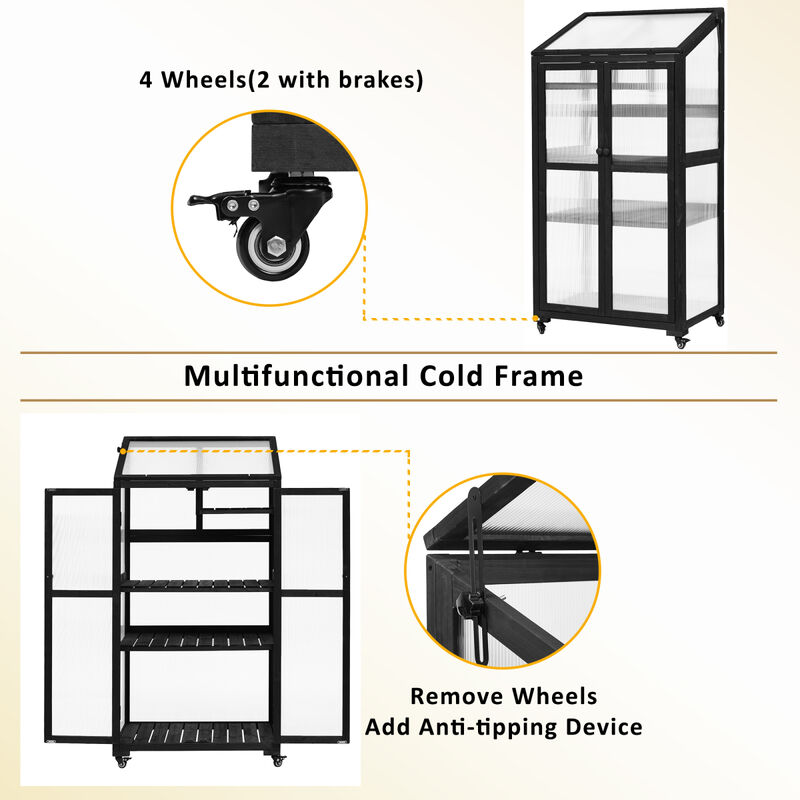62" Height Wood Largehouse Balcony Portable Cold Frame With Wheels And Adjustable Shelves