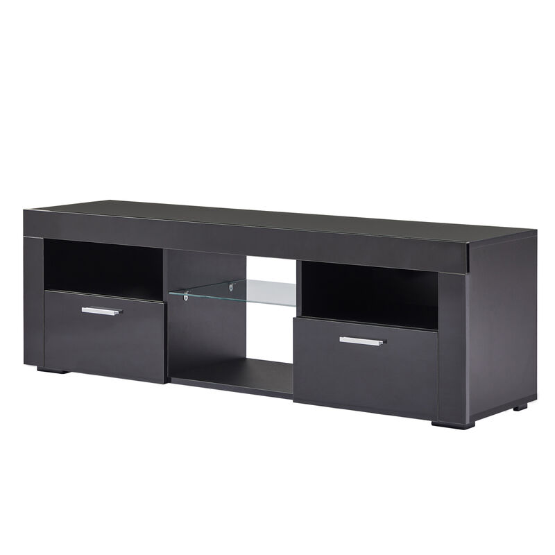 Black Modern TV Stand with LED Lights, high glossy front TV Cabinet, can be assembled in Lounge Room