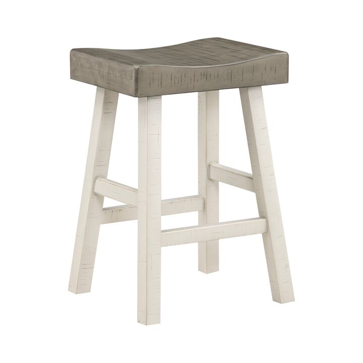 Casy 25 Inch Counter Height Stool, Saddle Seat, White Rubberwood, Set of 2 - Benzara
