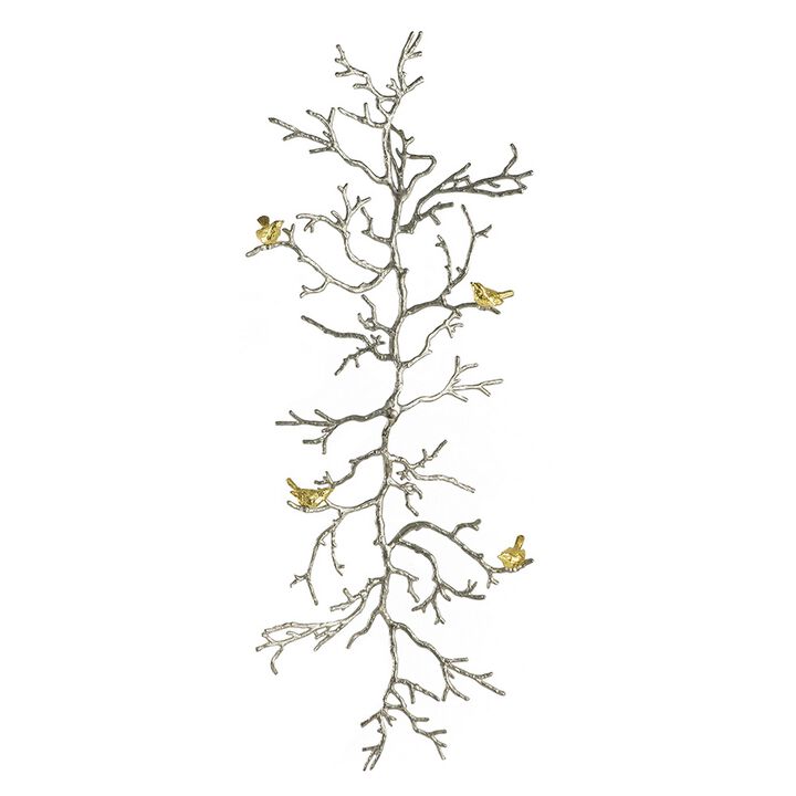 Branch Shape Aluminum Wall Decor with Gold Accented Four Birds, Silver - Benzara