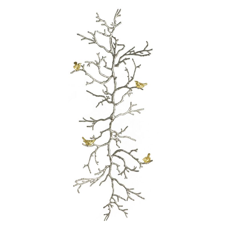 Branch Shape Aluminum Wall Decor with Gold Accented Four Birds, Silver - Benzara
