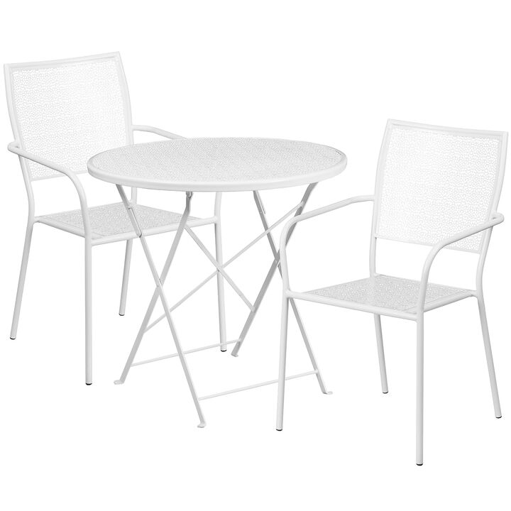 Flash Furniture Commercial Grade 30" Round White Indoor-Outdoor Steel Folding Patio Table Set with 2 Square Back Chairs
