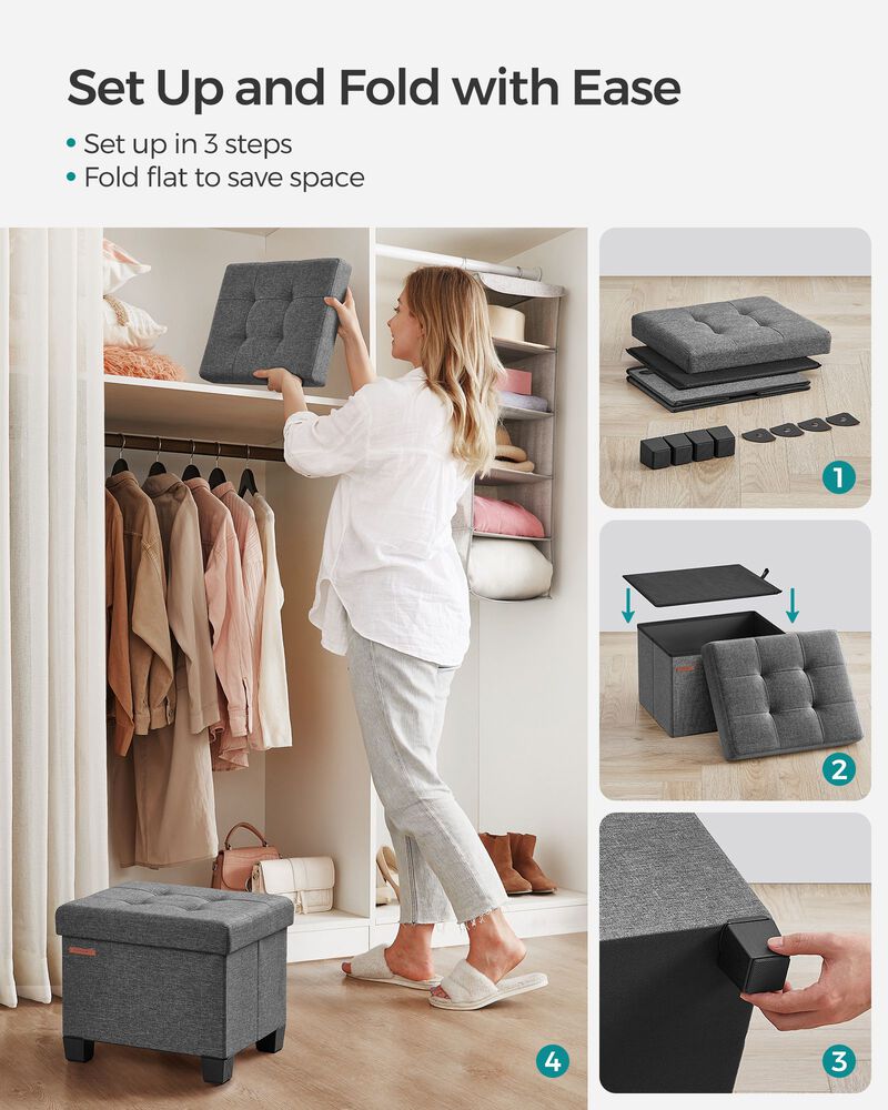 Collapsible Cube Storage Ottoman Foot Stool Comfortable Seat with Wooden Feet and Lid, Soft Padding