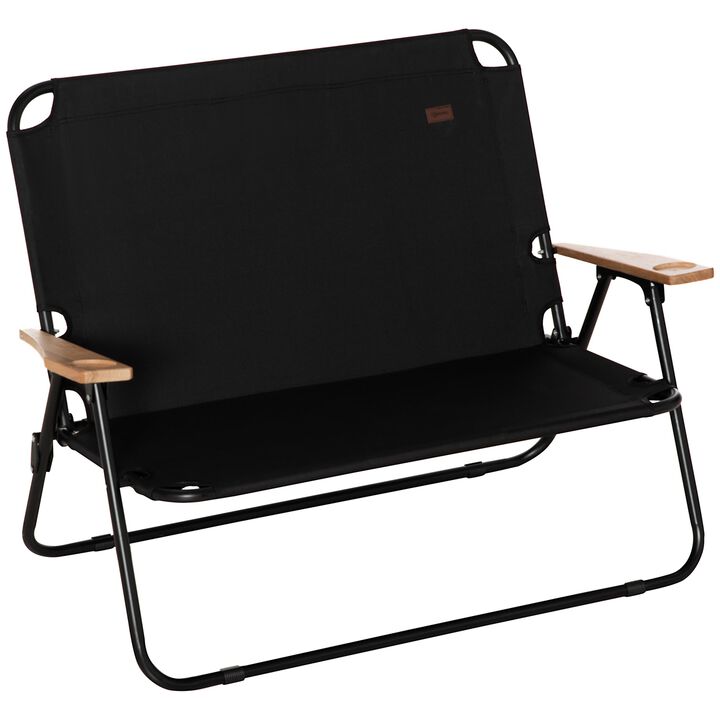 Black Portable Seating: Folding Double Camping Chair with Cup Holders