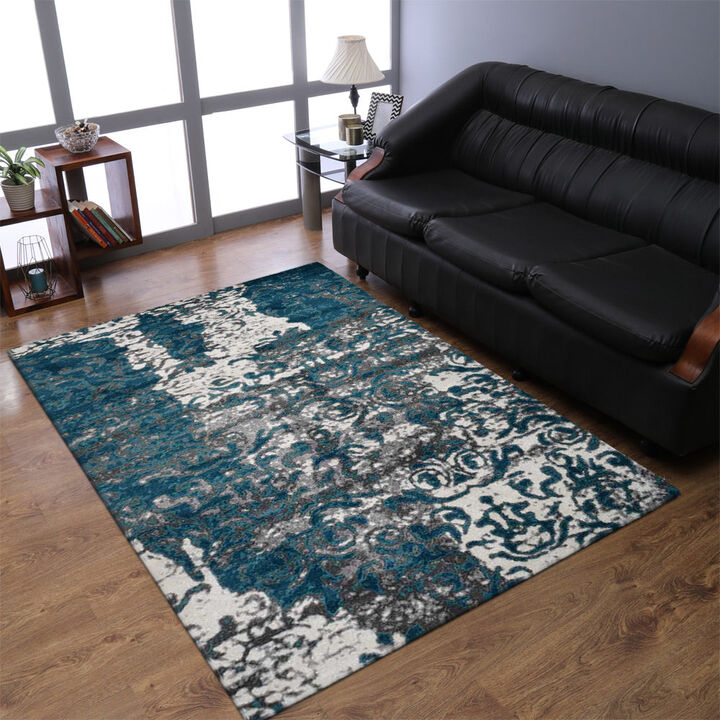 RUGSOTIC CARPETS MACHINE MADE HEATSET POLYPROPYLENE AREA RUGS  - 9'x12', Rectangle Shape, Silver Blue Color, Abstract Modern Design, Midium Pile Machine Made Area Rugs (MX0017)