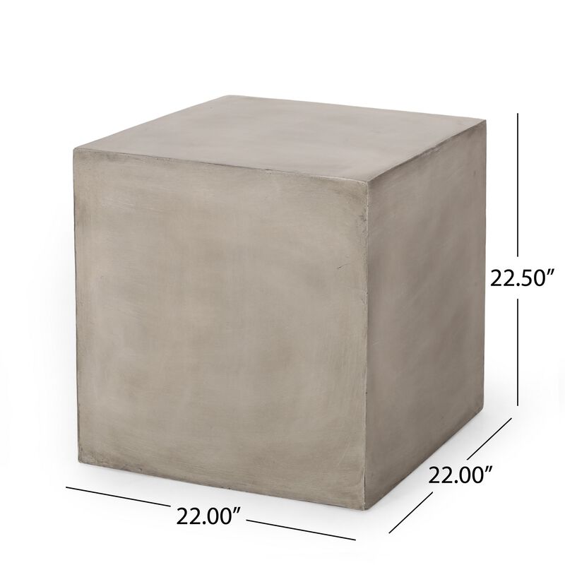 Ebec Outdoor Side Table, Modern Cube Light Gray Faux Concrete, 22 Inch - Benzara