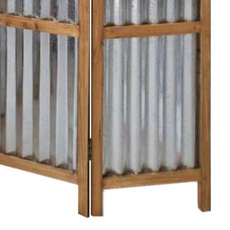 Industrial 3 Panel Foldable Screen with Corrugated Design,Silver and Brown-Benzara