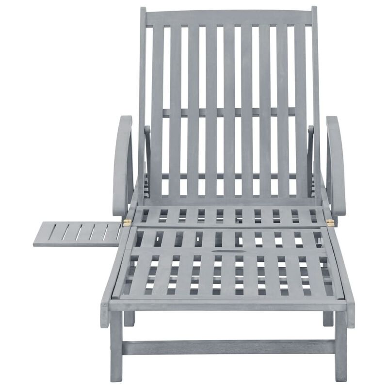 Patio Sun Chaise Lounger, Gray Fabric, Acacia Wood, Wheels, 78 Inch - Benzara