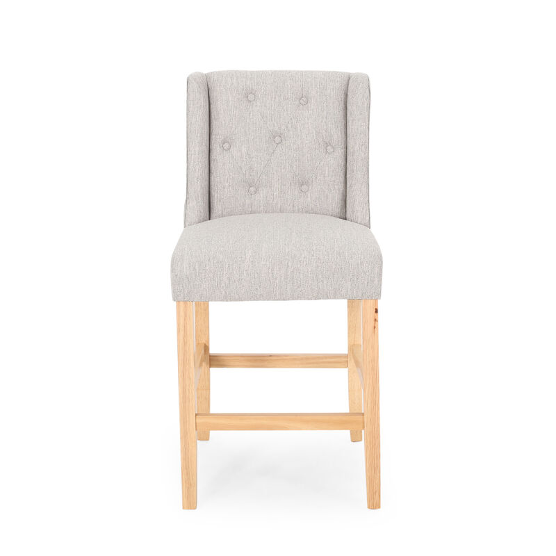 Seliva Counter Stool Chair Set of 2, Light Gray Fabric, Tufted, Brown Wood - Benzara