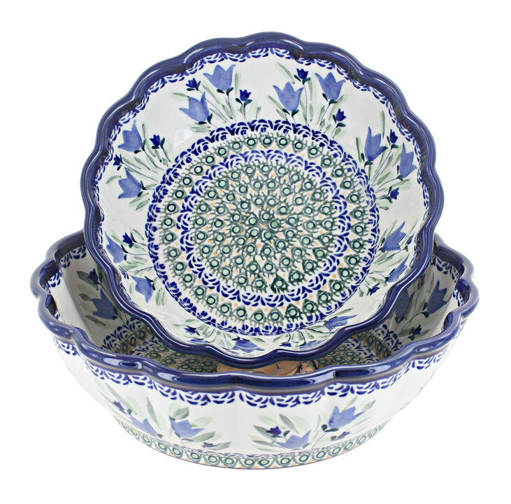Blue Rose Polish Pottery Grapes Scallop Serving Bowl Set