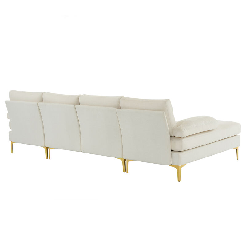 4-Seater U-Shaped Indoor Modular Sofa, Linen Seat with Wooden & Iron Frame, Gold Feet