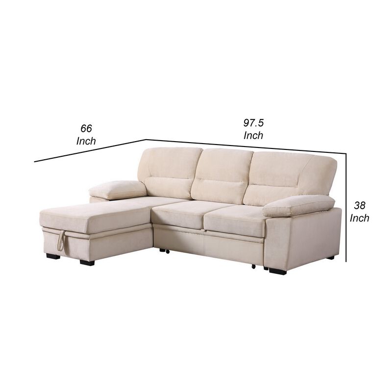 Exie 98 Inch 2 Piece Sectional Sofa, Pull Out Bed, Storage, Beige Velvet-Benzara