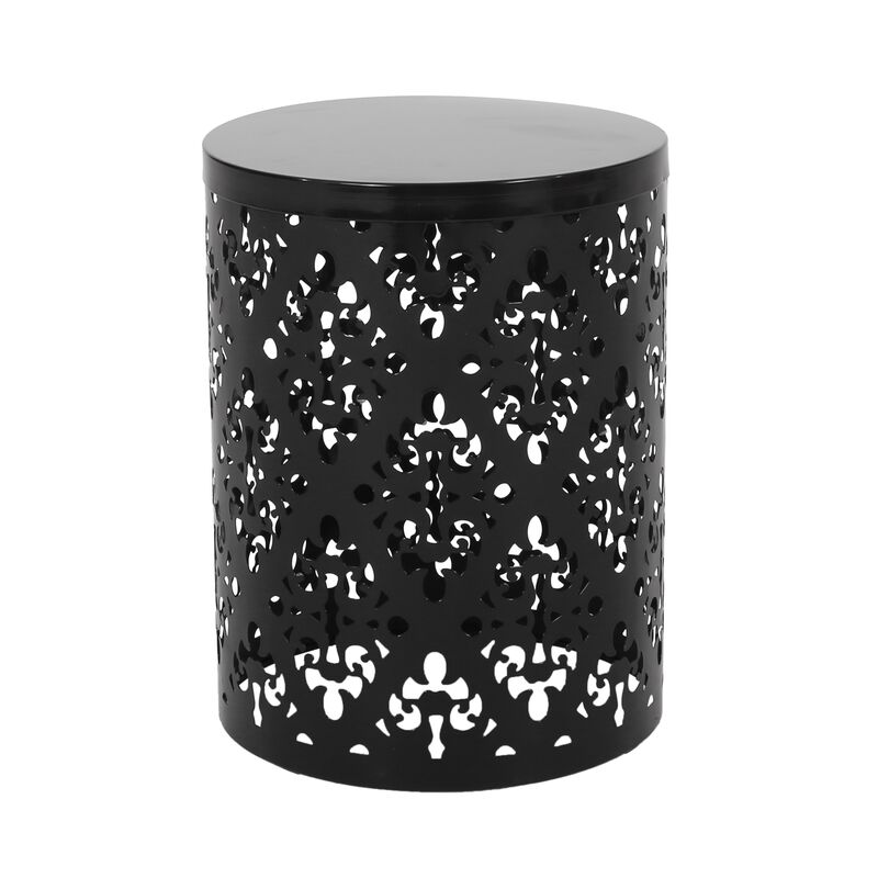 Kemo Outdoor End Table Set of 2, Round Top, Cutout Design, Black Iron - Benzara