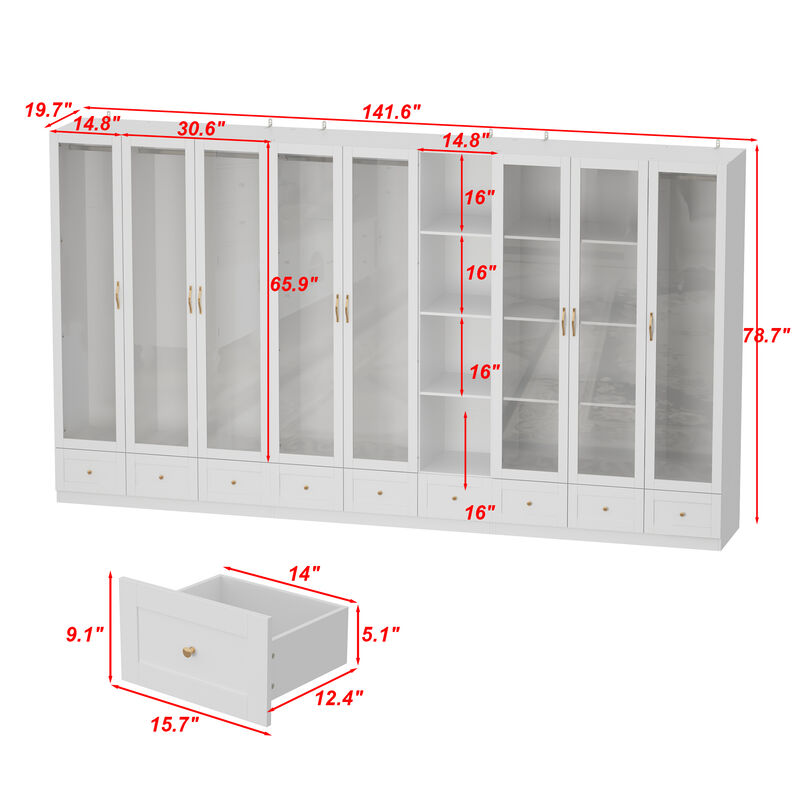 White Armoire Wardrobe Closet with Glass Doors, 9 Drawers, 4-Tier Shelves & Hanging Bar, Wooden Closet Storage Cabinet with Large Compartment for Bedroom