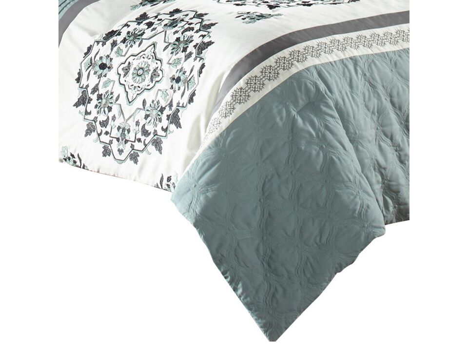 7 Piece King Polyester Comforter Set with Floral Details, Blue and Gray - Benzara