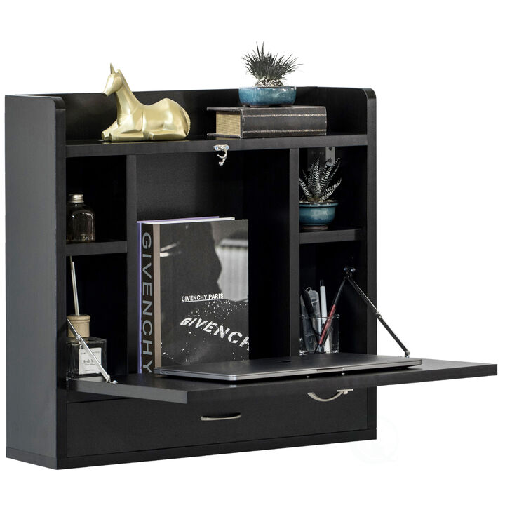 Wall Mount Folding Laptop Writing Computer or Makeup Desk with Storage Shelves and Drawer, White