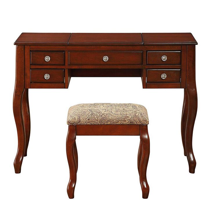 Cherub Vanity Set Featuring Stool And Mirror Cherry Brown-Benzara