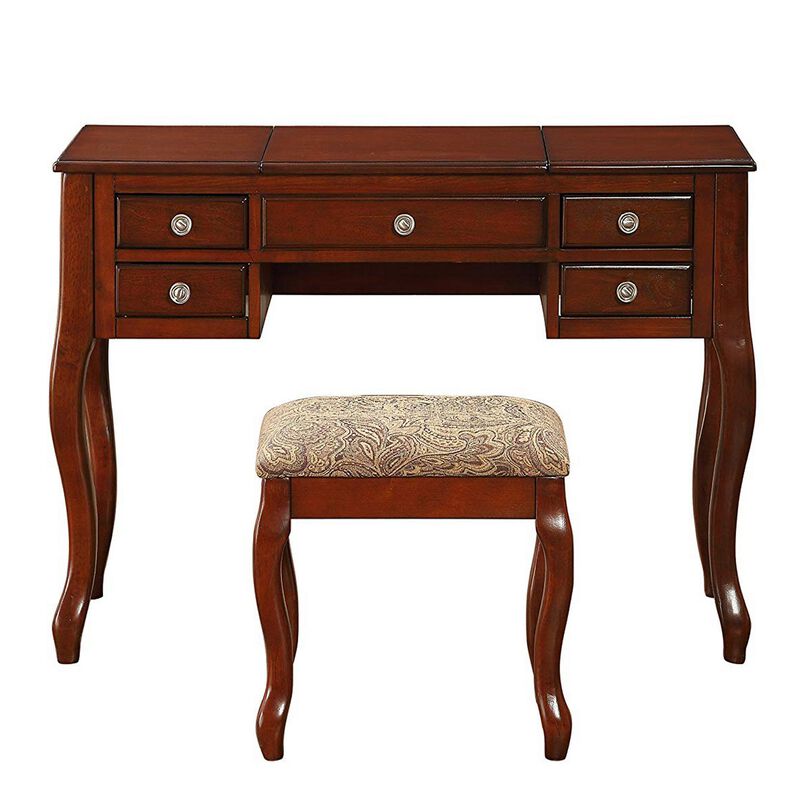 Cherub Vanity Set Featuring Stool And Mirror Cherry Brown-Benzara