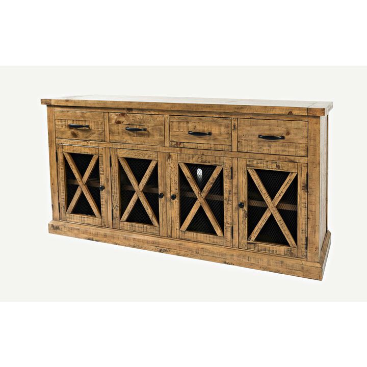 Jofran Telluride Rustic Farmhouse Solid Wood Sideboard Buffet Hutch with LED Lights