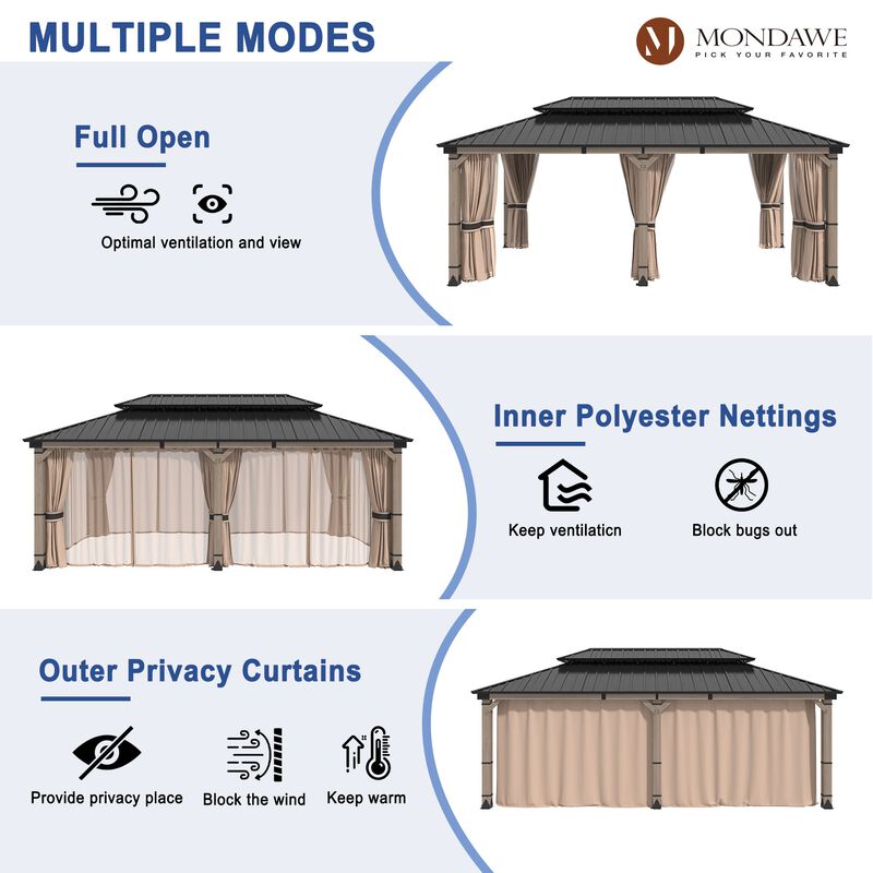 Mondawe Beverly Hills 12 ft. x 20 ft. Outdoor Fir Solid Wood Frame Patio Gazebo Canopy Shelter Galvanized Steel Hardtop with Netting And Curtain