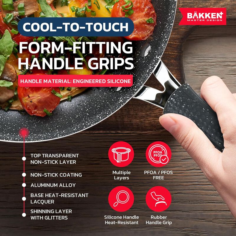 Bakken- Swiss Kitchen Cookware Set - Nonstick Coating, Pot and Pans Set with Handle Grips & Tempered Glass Lids, PFOA, PFOS, PTFE Free, Ceramic Max Temperature (Up To 500° F), Set of 23