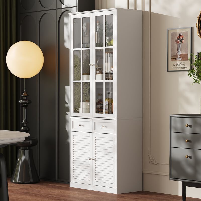 FUFU&GAGA Kitchen Pantry Cabinet with Glass Doors and Adjustable Shelves (31.5” W x 15.7” D x 78.7” H),White