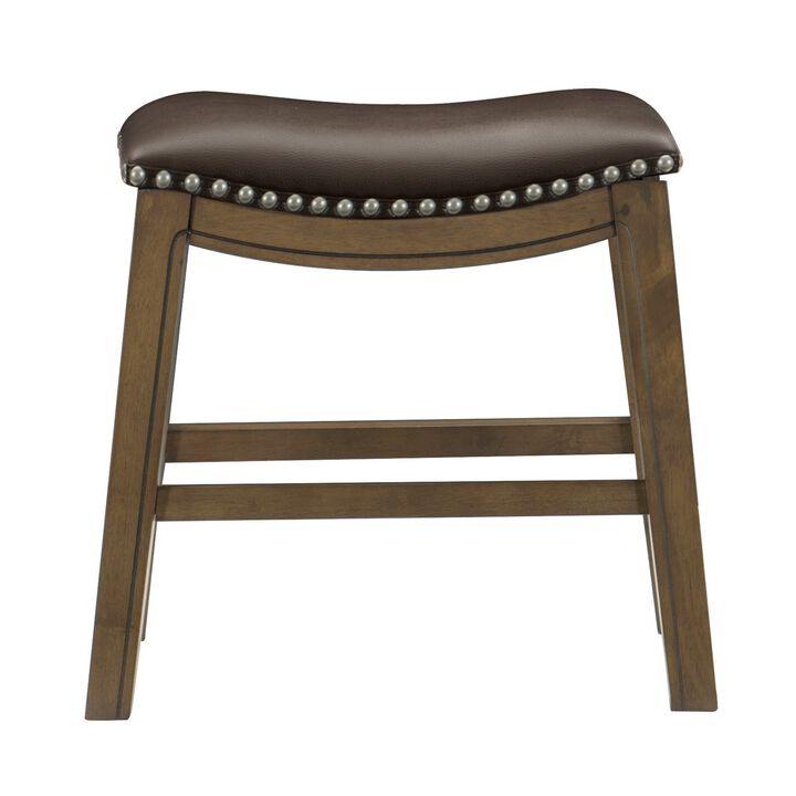 Miel 20 Inch Dining Stool, Brown Faux Leather, Brown Solid Wood, Nailheads - Benzara
