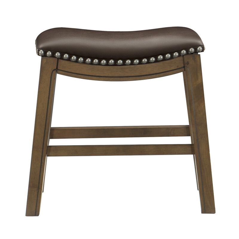 Miel 20 Inch Dining Stool, Brown Faux Leather, Brown Solid Wood, Nailheads - Benzara