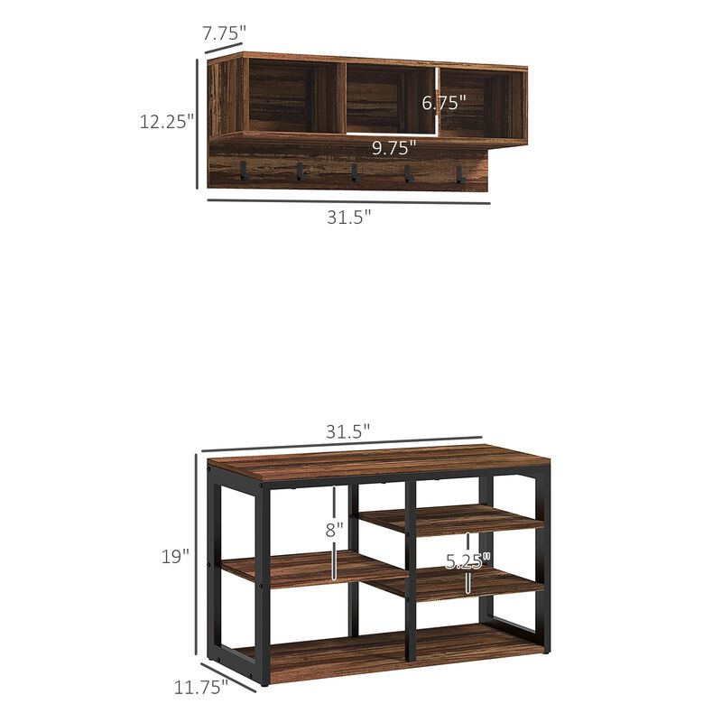 Brown Entryway Coat Rack: 5-Hook, Shoe Bench, 10-Pair Capacity