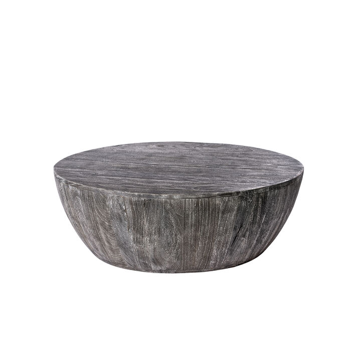 Arthur 36 Inch Farmhouse Style Handcrafted Mango Wood Coffee Table, Round Drum Shape, Sandblasted Black - Benzara