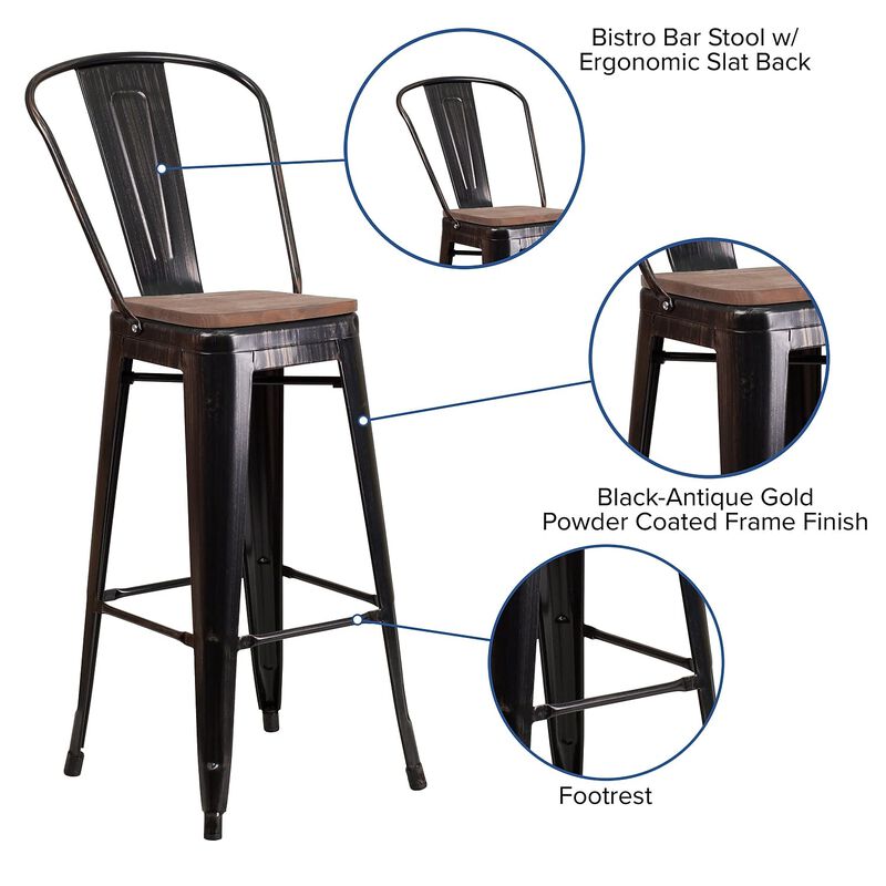 Flash Furniture Lily 30" High Black-Antique Gold Metal Barstool with Back and Wood Seat