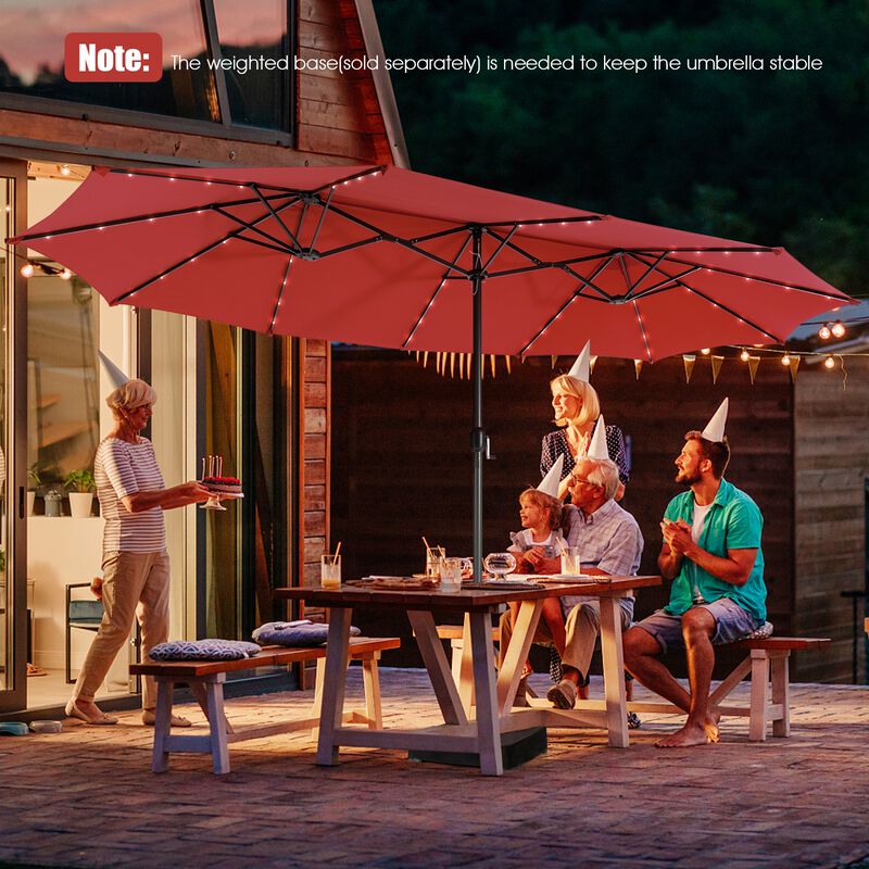15-Foot Twin Patio Umbrella with 48 Solar LED Lights for Outdoor Lighting
