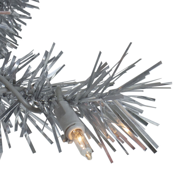 9' x 12" Pre-Lit Silver Tinsel Artificial Christmas Garland  Clear Lights