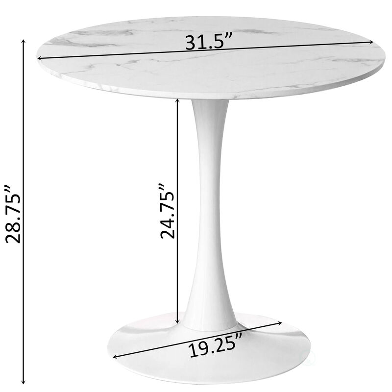 31.5" White Round Tulip Table with Modern Marble Painting Top and Sturdy Wooden Pedestal Stand, MDF Accent Dining Table