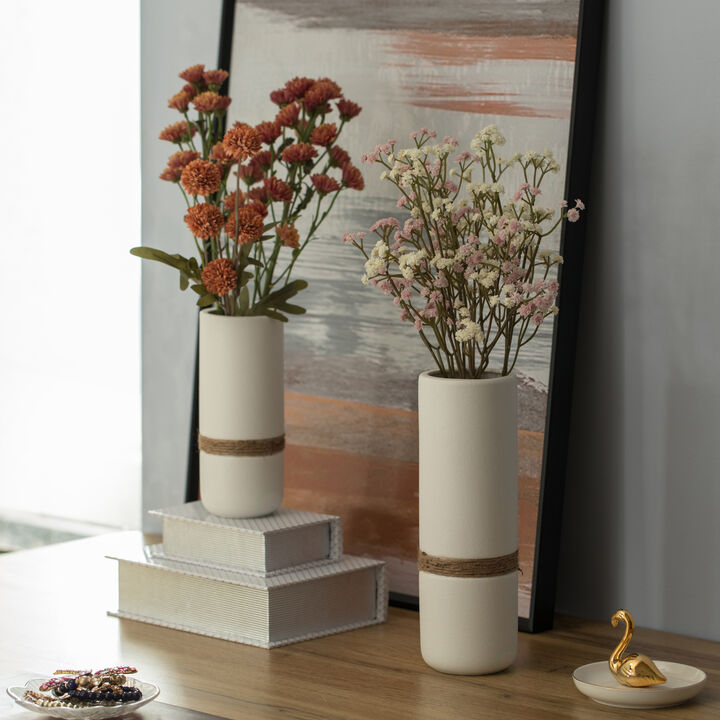 Decorative Modern Ceramic Cylinder Shape Table Vase Flower Holder with Rope, Black Set of 2