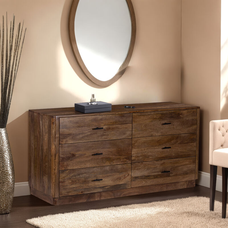 Tao Dresser with 6 Drawers, 60 Inch Wide, Handcrafted Walnut Brown Mango Wood