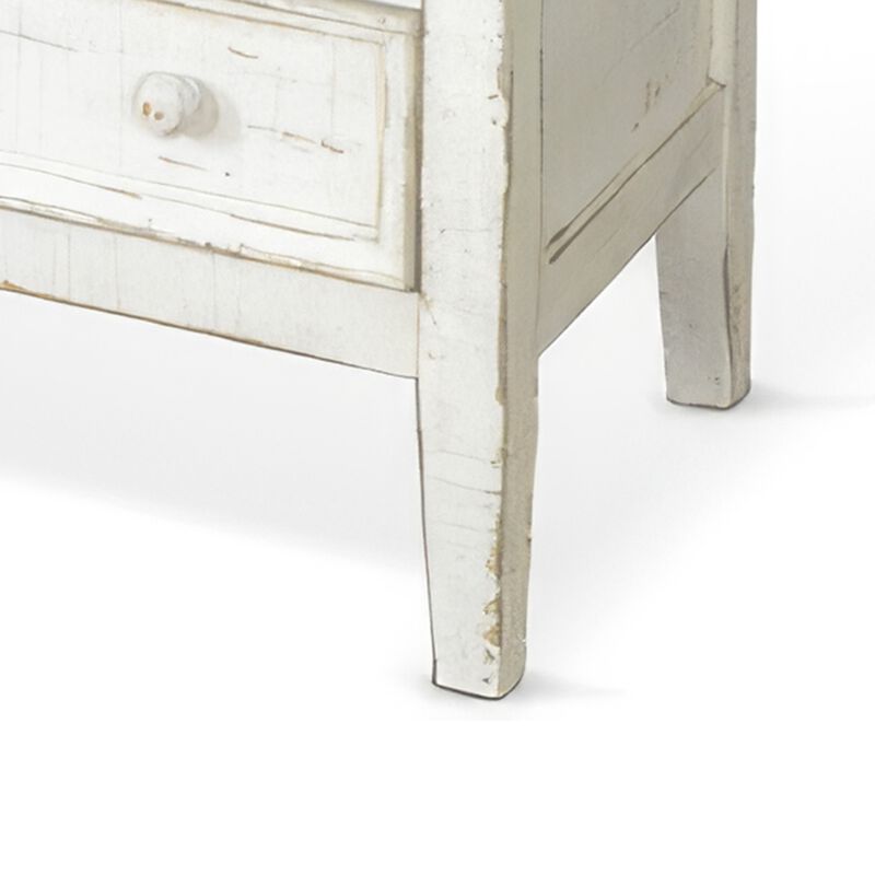 Rena Side End Table with 3 Drawers, 28 Inch Rustic White Mahogany Wood - Benzara