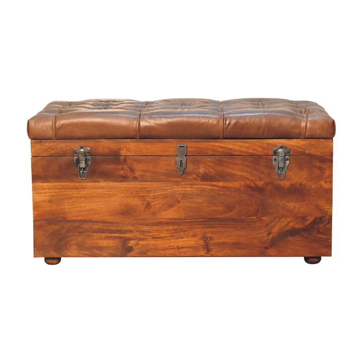 Artisan Furniture Buffalo Brown Leather  Hide  Chestnut Solid Wood  Storage Trunk