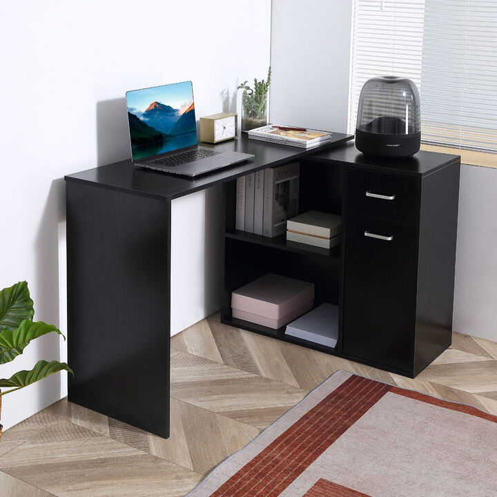 Black L-Shaped Desk: Corner Workstation, Rotating Shelves, Drawer