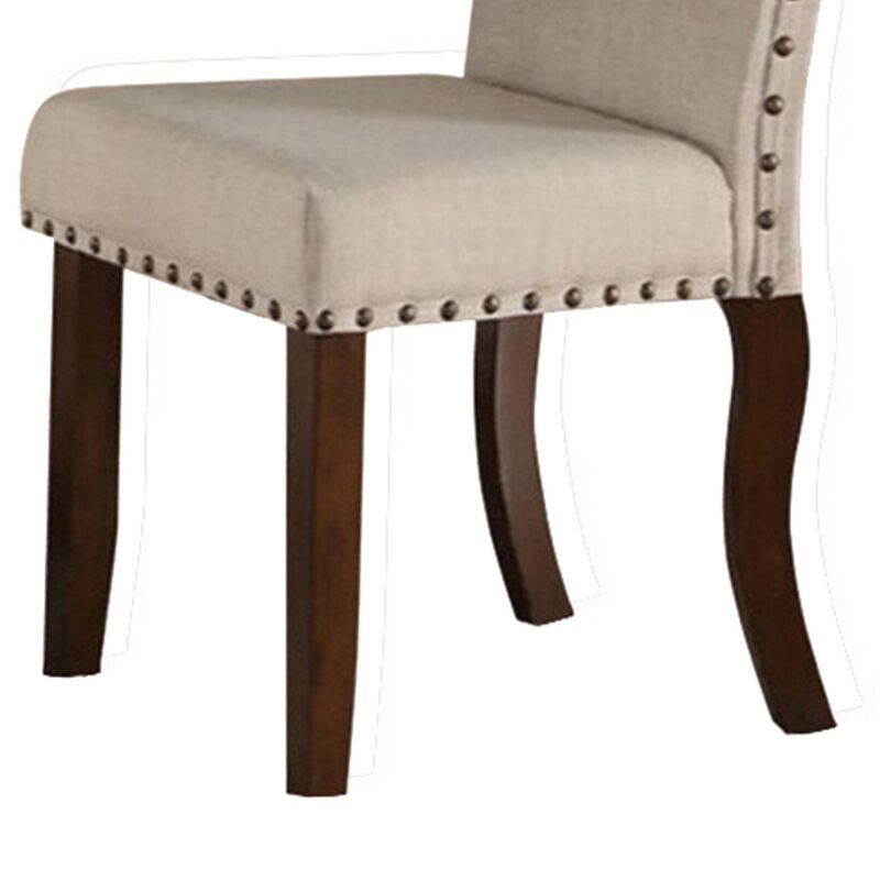 Rubber Wood Dining Chair With Nail Head Trim, Set Of 2, Brown And Cream-Benzara