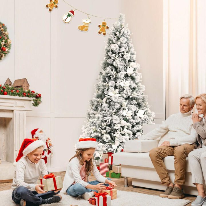 Hivvago 7 Feet Snow Flocked Christmas Tree with Poinsettia Flowers