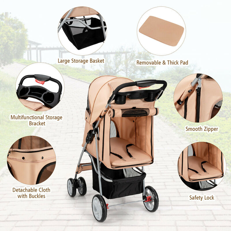 Costway Foldable Pet Stroller 4-Wheel Cat Dog Travel Carrier w/ Storage Basket