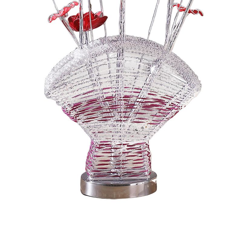 Accent Table Lamp, LED, Red Roses Fan Crystal Vase, Chrome 22 Inch - Benzara