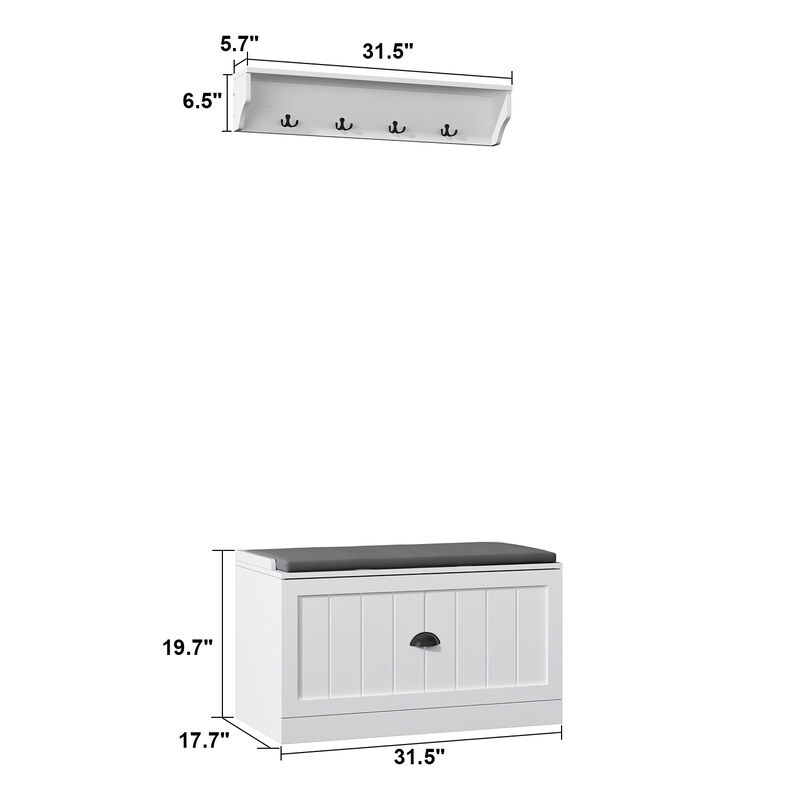 70.9 in. H x 86.8 in. W, White Wood Shoe Storage Bench, Coat Hanger & Wardrobe 3-IN-1 (Shoe Storage Bench & Hanger)