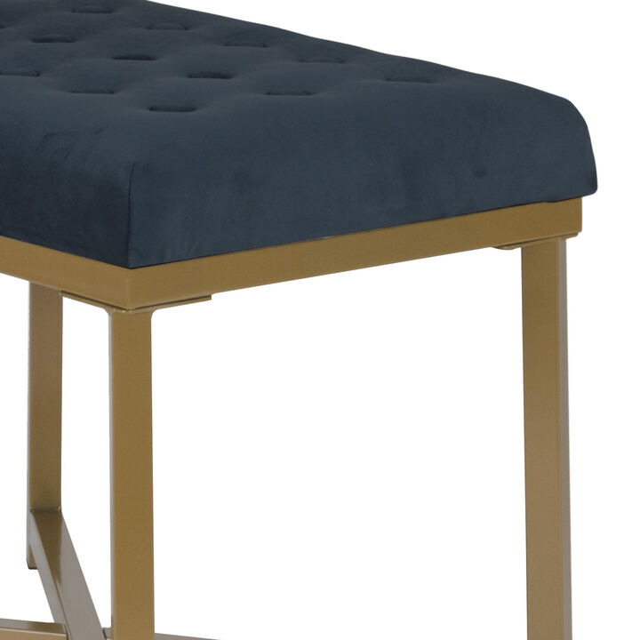 Metal Framed Bench with Button Tufted Velvet Upholstered Seat, Dark Blue and Gold - Benzara