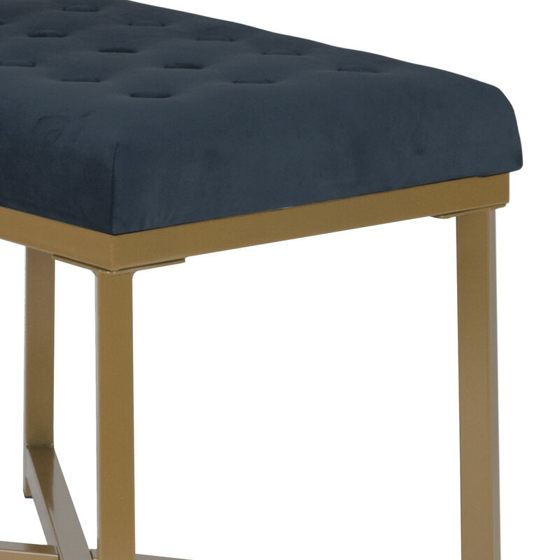 Metal Framed Bench with Button Tufted Velvet Upholstered Seat, Dark Blue and Gold - Benzara