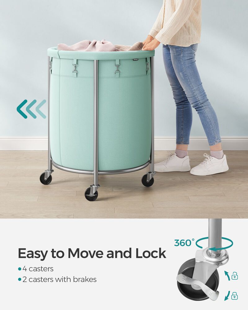 Laundry Basket with Wheels and Removable Bag, Steel Frame, 4 Casters and 2 Brakes